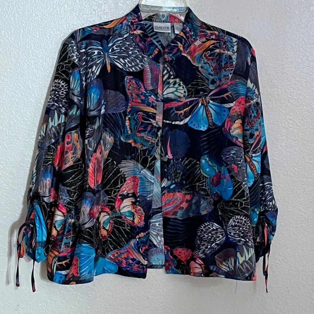 Chico's 2 Silk Butterfly Print Open Front Jacket